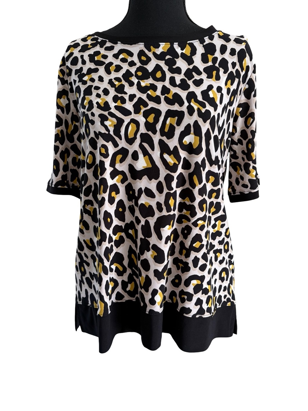 Anne Klein Leopard Print Short Sleeve Tunic - Black, White, Yellow